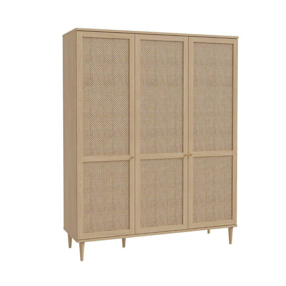 Armadio Livia 3 ante battenti con dettaglio in rattan intrecciato colore rovere
