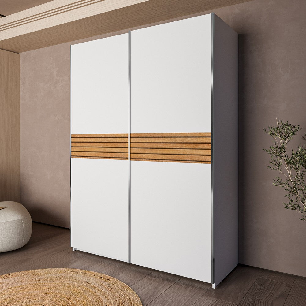Armadio Metropol 2 ante scorrevoli 150 cm. colore bianco con inserti rovere