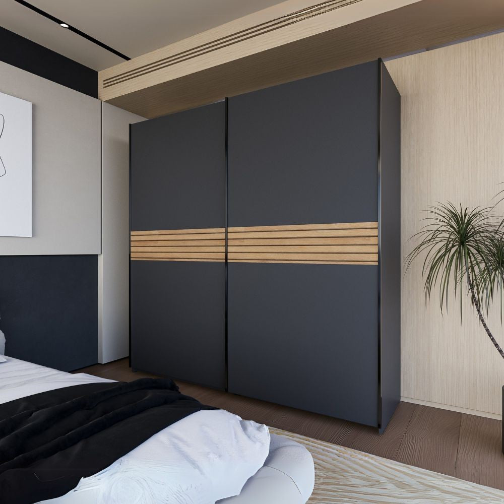 Armadio Metropol 2 ante scorrevoli 200 cm. colore antracite con inserti rovere