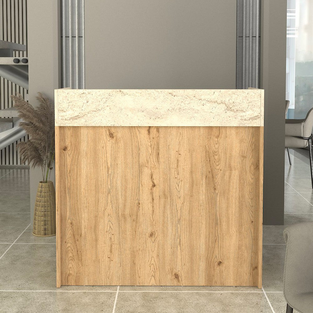 Bancone Reception Wilko 110 cm. in colore rovere e dettaglio travertino con illuminazione LED