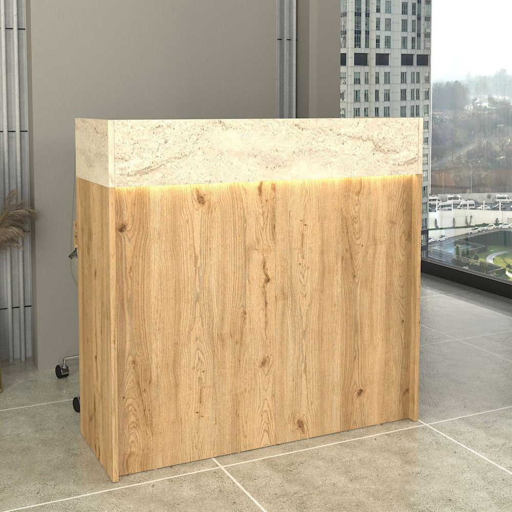 Bancone Reception Wilko 110 cm. in colore rovere e dettaglio travertino con illuminazione LED