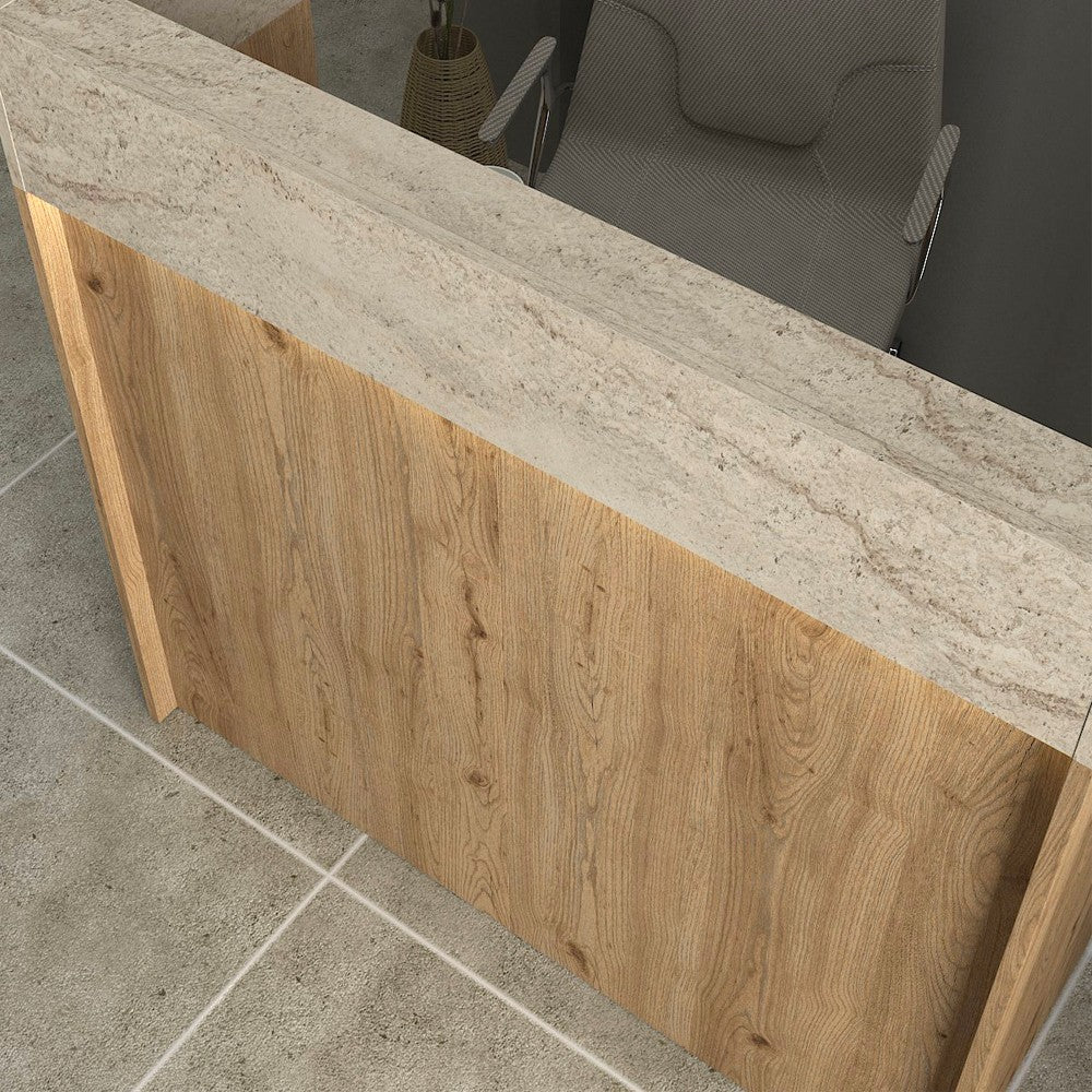 Bancone Reception Wilko 110 cm. in colore rovere e dettaglio travertino con illuminazione LED