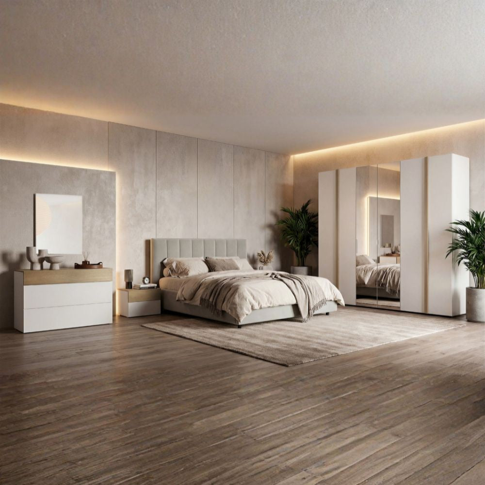 Camera da letto Amor con armadio 6 ante con specchio e letto imbottito con contenitore colore bianco e dettagli rovere
