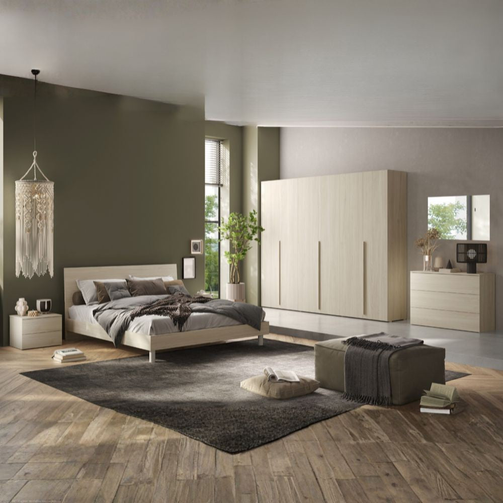 Camera da letto Corinna con armadio 6 ante battenti e letto in legno colore olmo