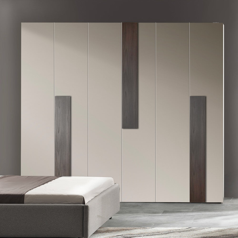 Camera da letto Kendra con letto contenitore imbottito e armadio 6 ante battenti colore tortora noce