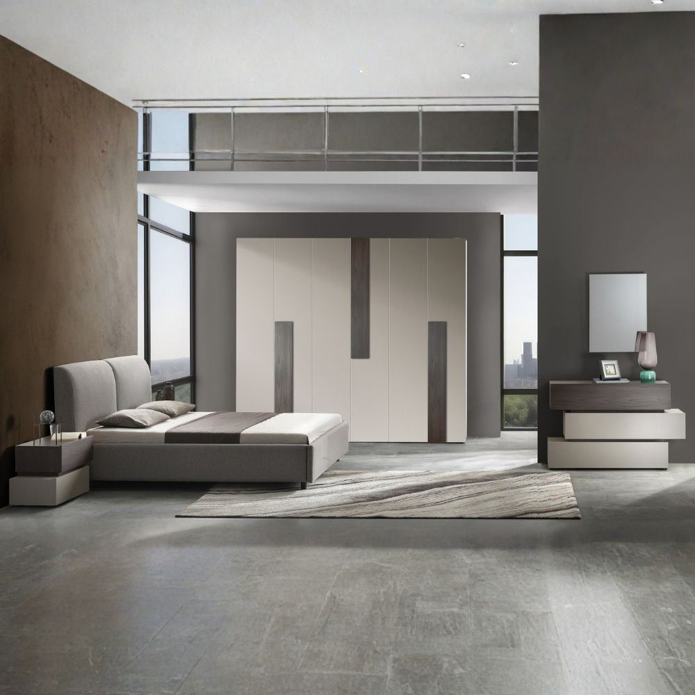 Camera da letto Kendra con letto contenitore imbottito e armadio 6 ante battenti colore tortora noce