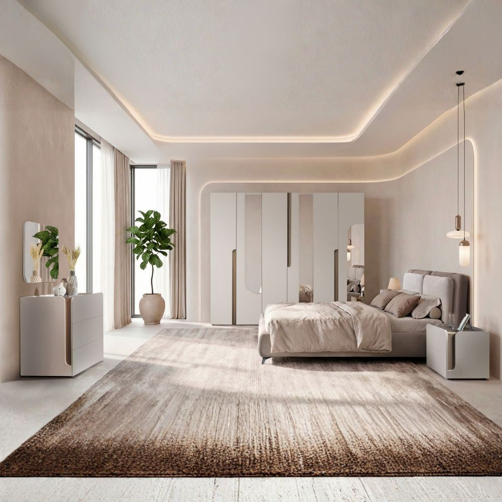 Camera da letto Loana con letto imbottito contenitore e armadio 6 ante con specchi colore cashmere biscotto