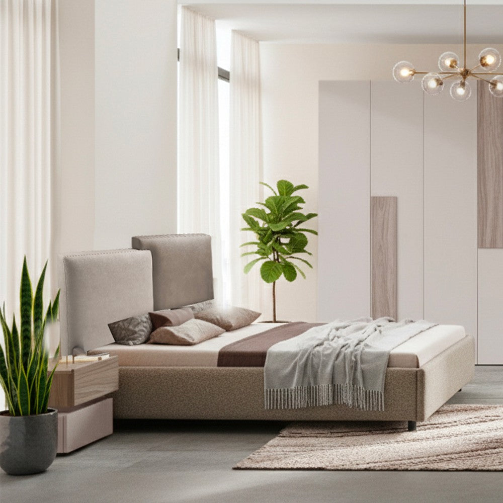 Camera da letto Malena con letto imbottito contenitore e armadio 6 ante in grigio chiaro e vanguard chiaro
