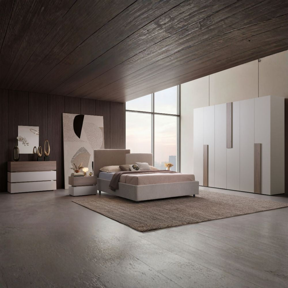 Camera da letto Malena con letto imbottito contenitore e armadio 6 ante in grigio chiaro e vanguard chiaro