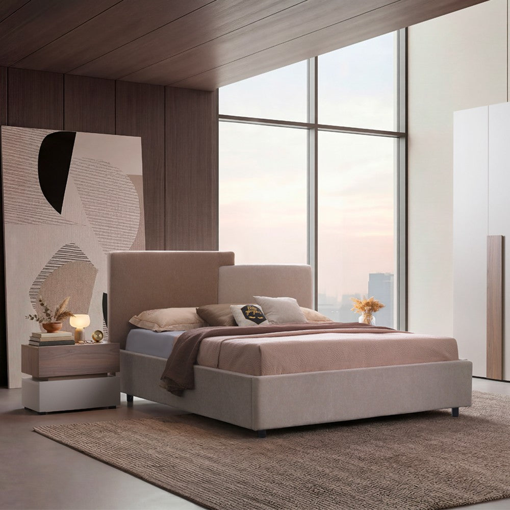Camera da letto Malena con letto imbottito contenitore e armadio 6 ante in grigio chiaro e vanguard chiaro