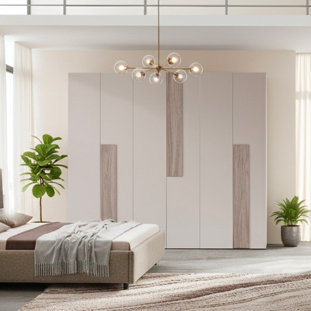 Camera da letto Malena con letto imbottito contenitore e armadio 6 ante in grigio chiaro e vanguard chiaro