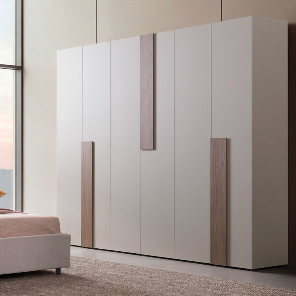 Camera da letto Malena con letto imbottito contenitore e armadio 6 ante in grigio chiaro e vanguard chiaro