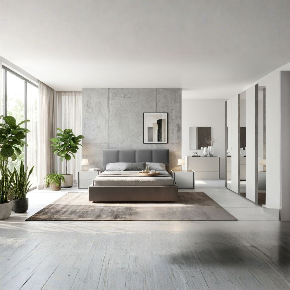 Camera da letto Mirelle colore grigio perla e ossido grigio scuro con armadio 6 ante a specchi e letto contenitore