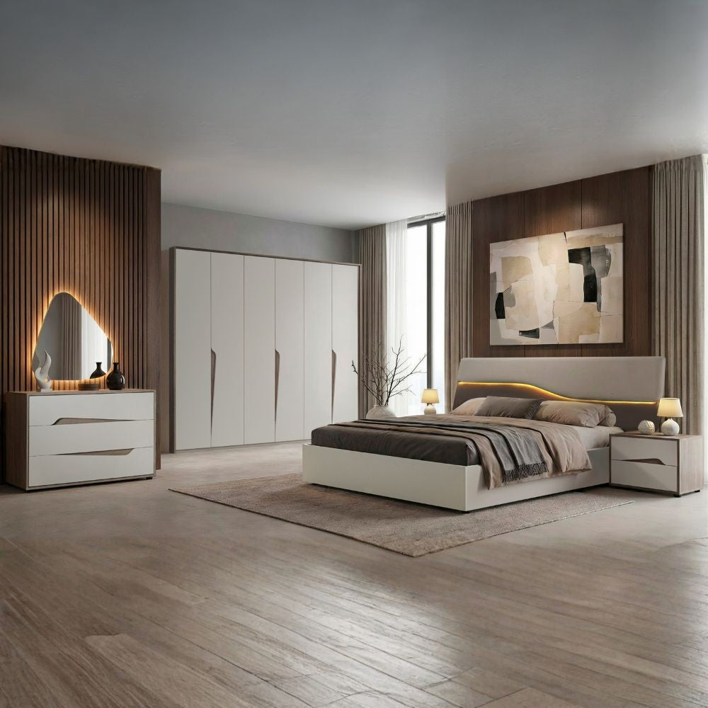 Camera da letto Soleil con letto contenitore colore cashmere e olmo biscotto