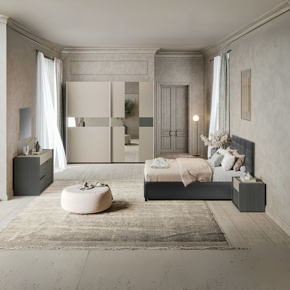 Camera da letto Tania in grigio e talco con armadio 2 ante scorrevoli con specchi e letto contenitore Napoli grigio