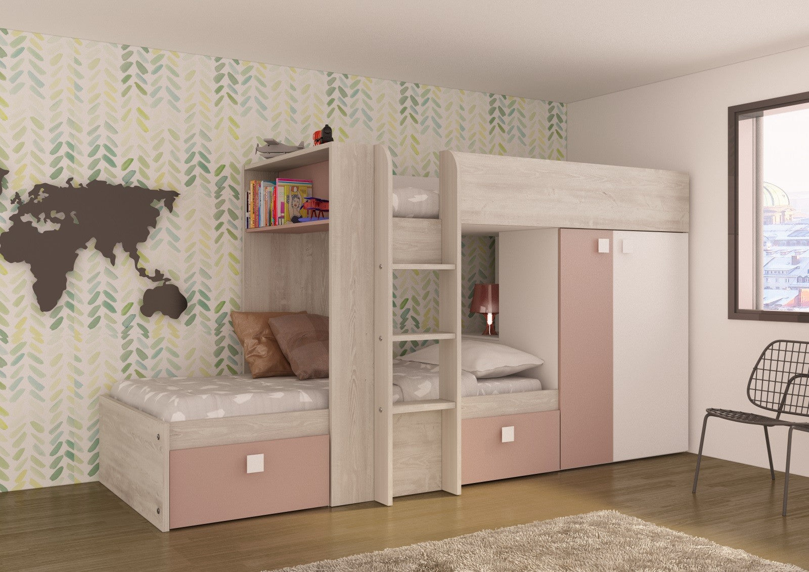 Cameretta 1262 con letto a castello con due cassettoni e armadio reversibile colore bianco consumato e rosa antico