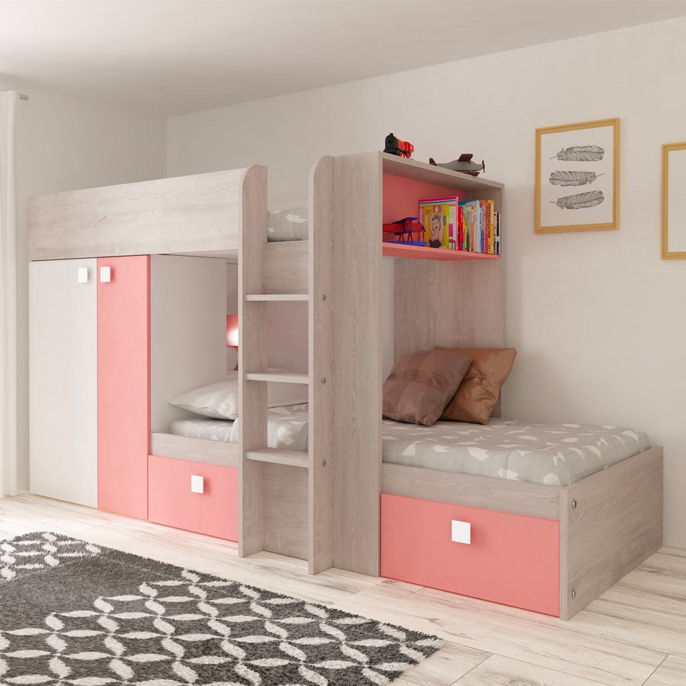 Cameretta 1267 con letto a castello con due cassettoni e armadio reversibile colore bianco consumato e rosa flamingo