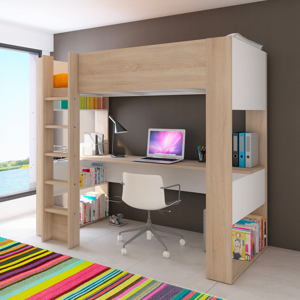 Cameretta 1652 con letto a soppalco e scrivania sottostante colore bianco e rovere