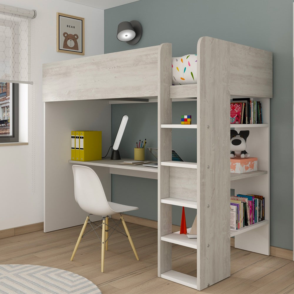 Cameretta 2278 con letto a soppalco con scrivania sottostante colore bianco e bianco consumato