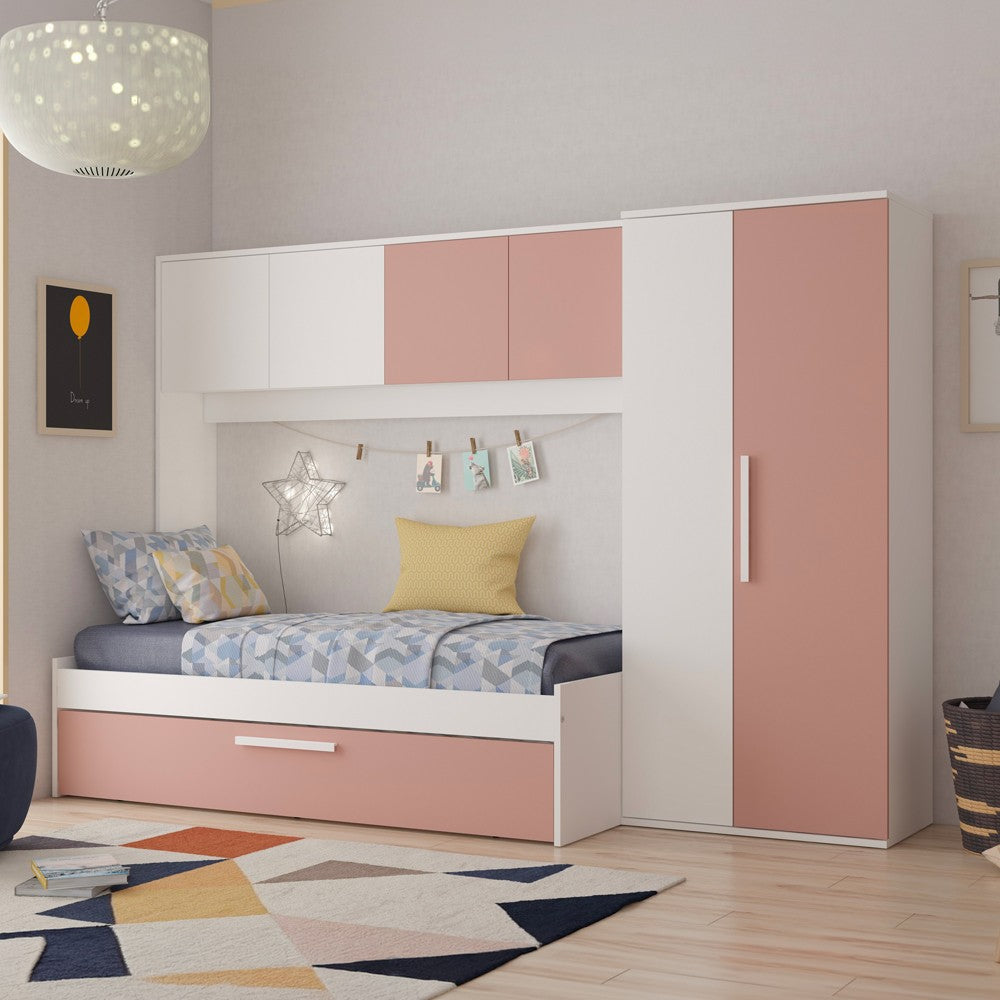 Cameretta a ponte 6007 con letto estraibile e armadio colore bianco e rosa antico reversibile