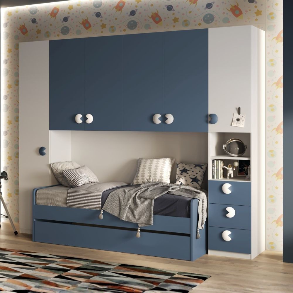 Cameretta a ponte Gilbert bianco opaco e blu navy con letto estraibile