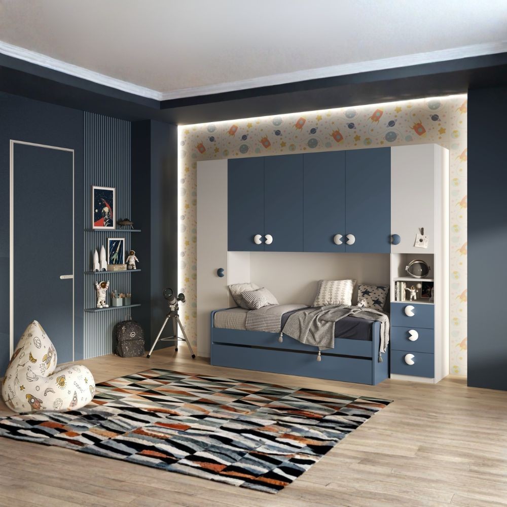 Cameretta a ponte Gilbert bianco opaco e blu navy con letto estraibile