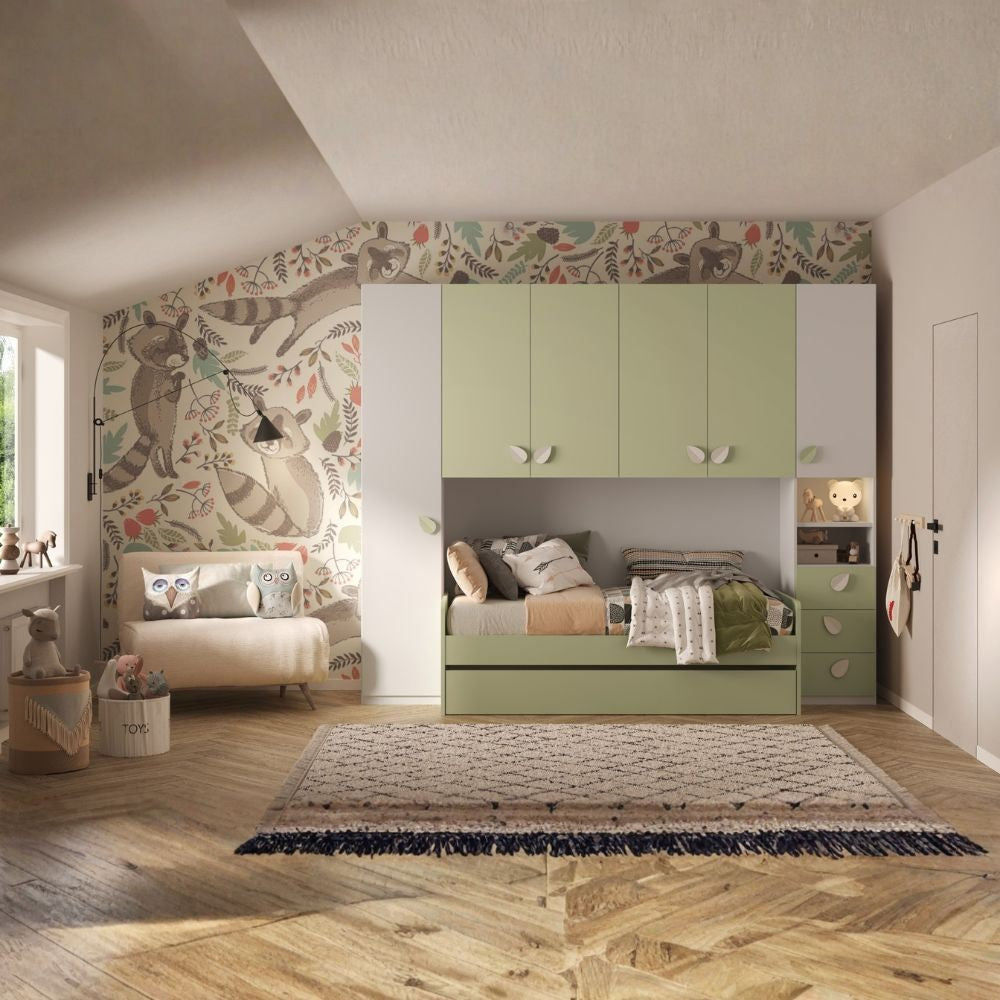 Cameretta a ponte Gilbert bianco opaco e verde pistacchio con letto estraibile