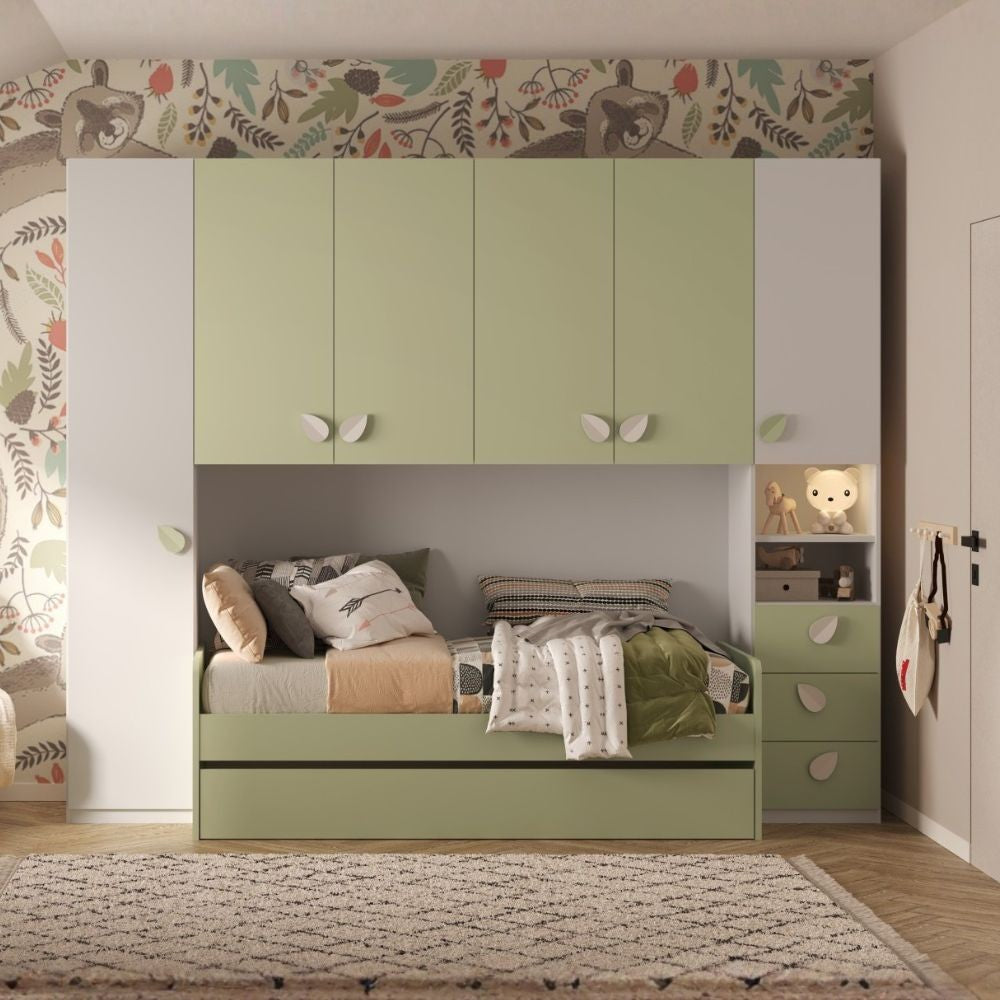 Cameretta a ponte Gilbert bianco opaco e verde pistacchio con letto estraibile