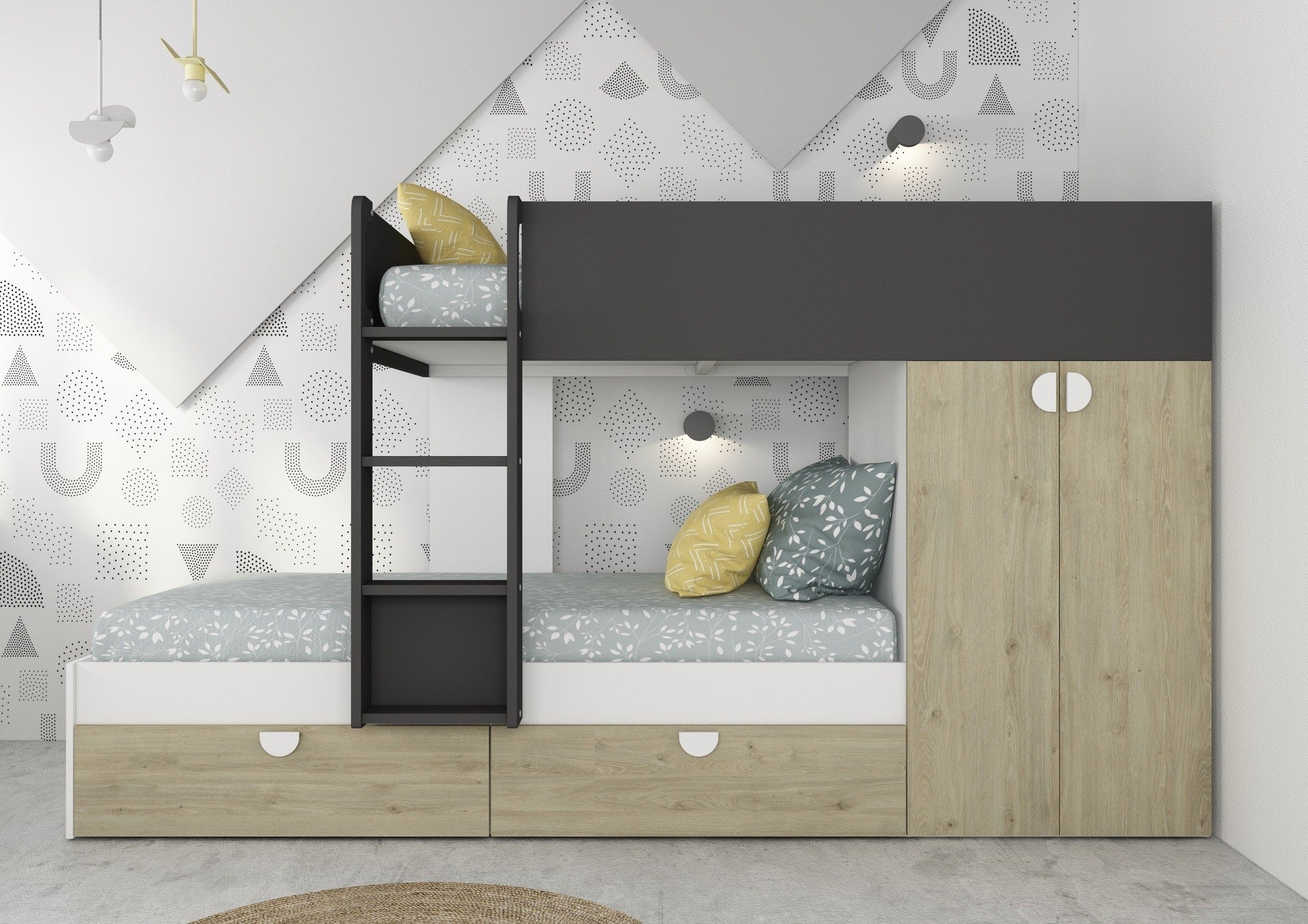 Cameretta con letto a castello con cassettoni e armadio reversibile colore rovere e antracite