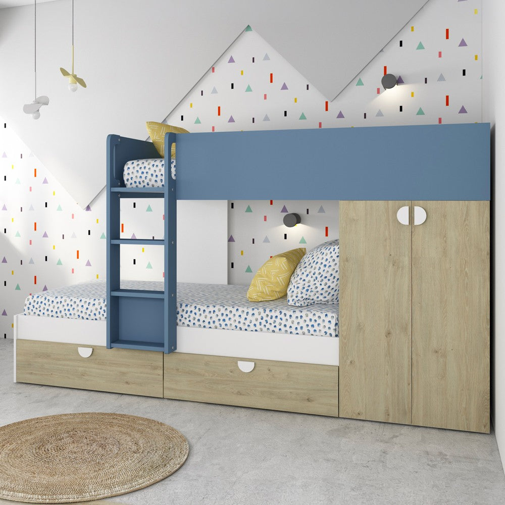 Cameretta con letto a castello con cassettoni e armadio reversibile colore rovere e azzurro