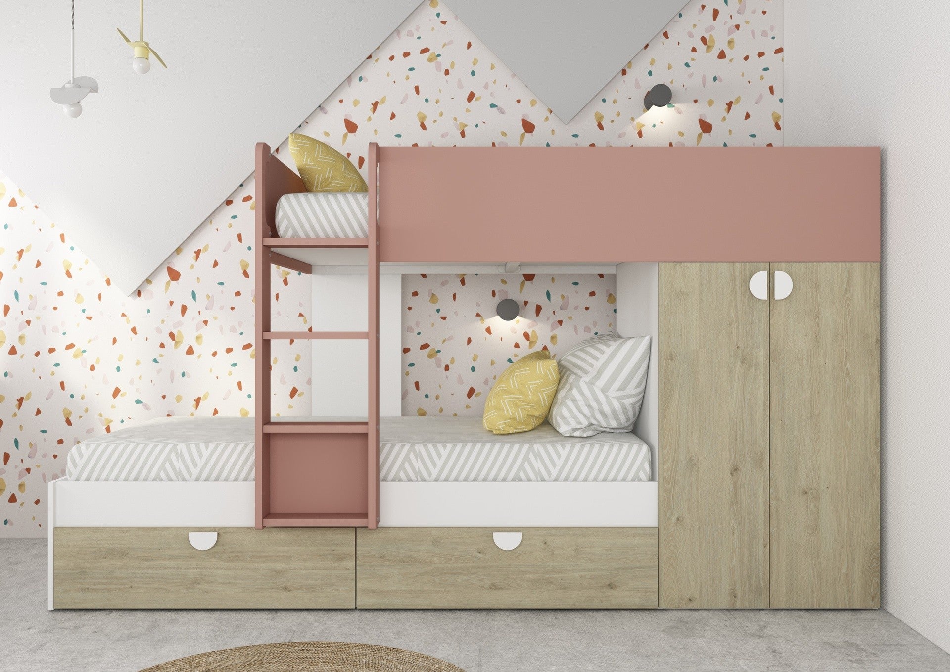Cameretta con letto a castello con cassettoni e armadio reversibile colore rovere e rosa antico