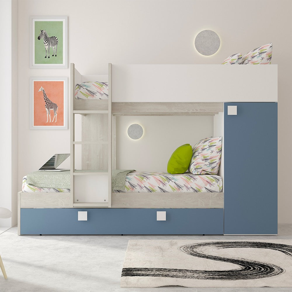 Cameretta con letto a castello e letto estraibile con armadio integrato colore bianco consumato e azzurro reversibile