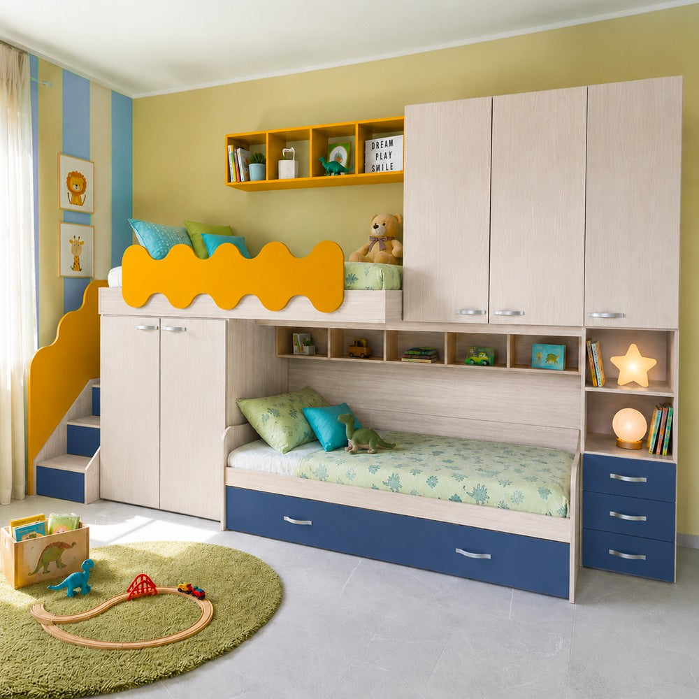 Cameretta soppalco Milly con 3 letti colore  kiri avio giallo
