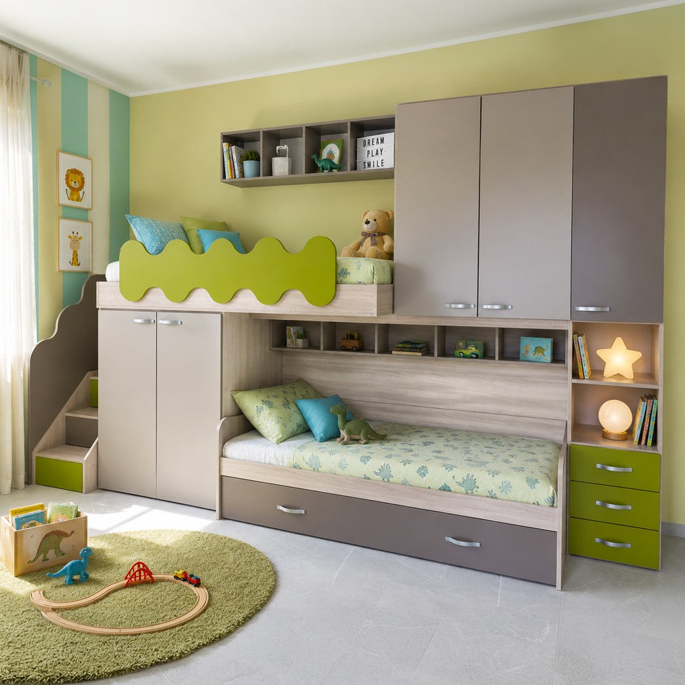 Cameretta soppalco Milly con 3 letti colore talco verde e brown