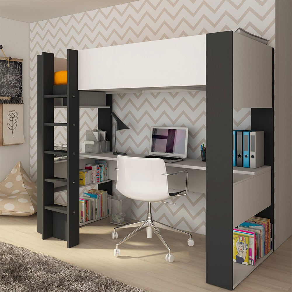 Cameretta 1651 con letto a soppalco e scrivania sottostante colore bianco e antracite