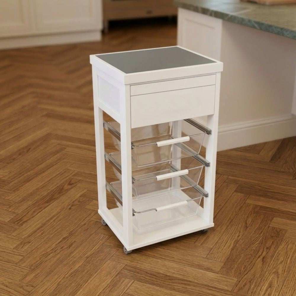 Carrello Dolly in faggio massello colore bianco con cesti estraibili in acrilico trasparente