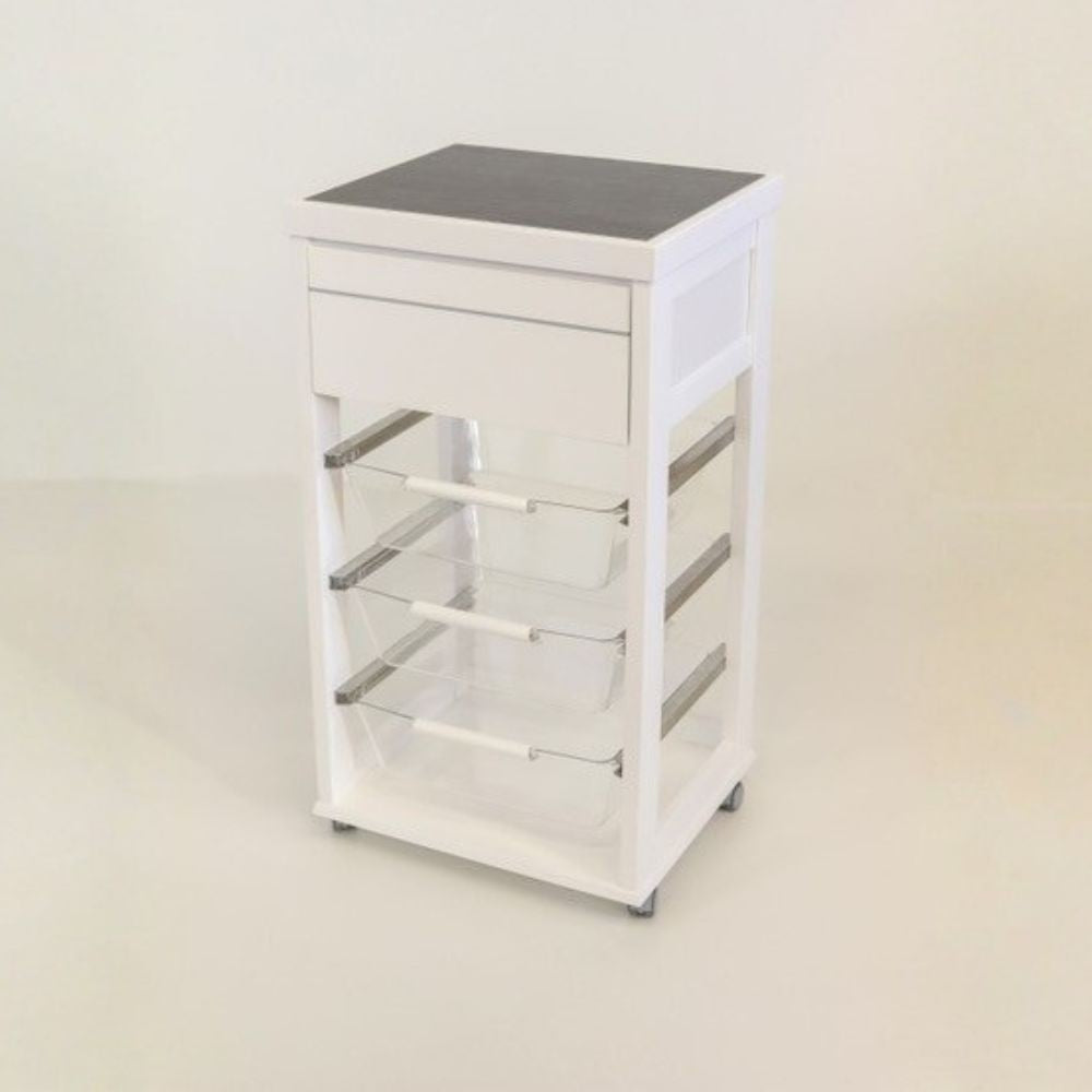 Carrello Dolly in faggio massello colore bianco con cesti estraibili in acrilico trasparente