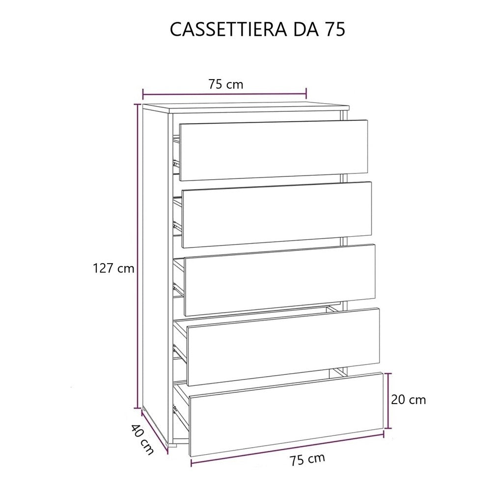 Cassettiera bianco frassinato 5 cassetti 75x40x127H