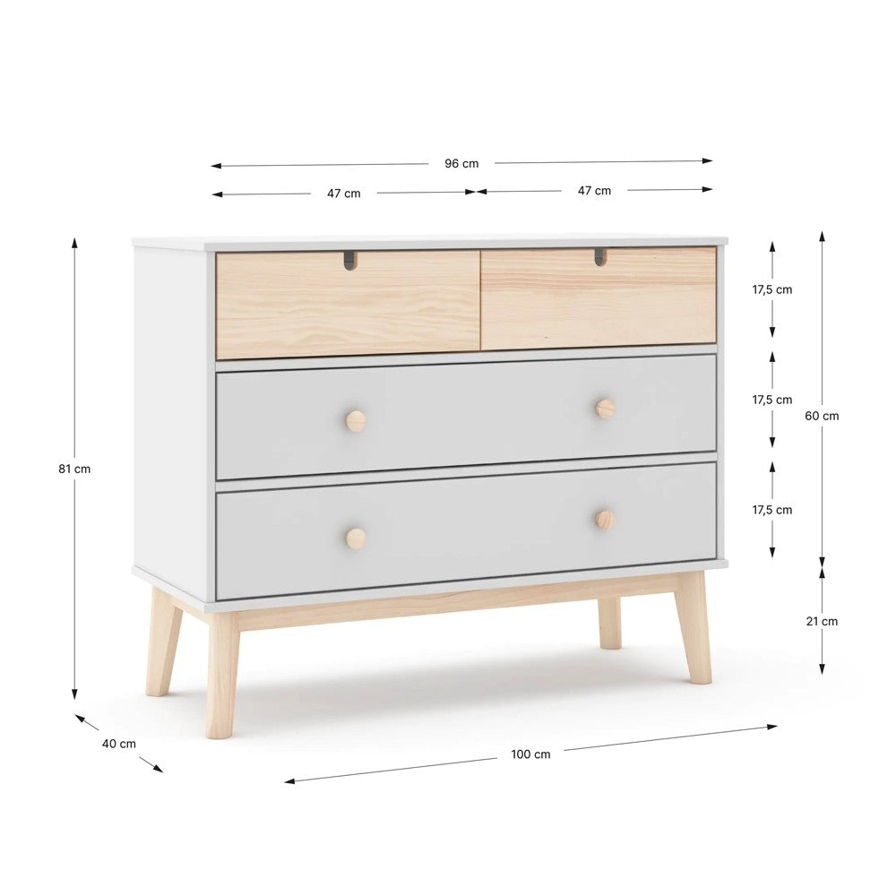 Cassettiera Estefania in legno con 2 cassetti bianchi e 2 cassettini pino