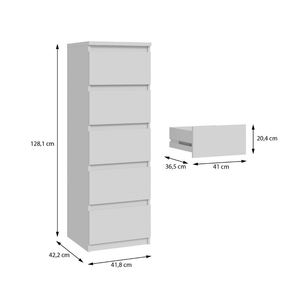 Cassettiera Morgan 5 cassetti 41.8 x 42.2 x H 128 cm. colore bianco opaco