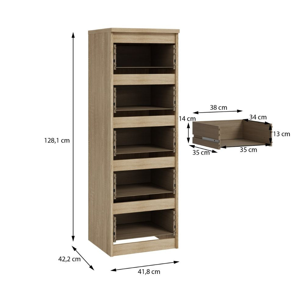 Cassettiera Morgan 5 cassetti 41.8 x 42.2 x H 128 cm. colore rovere