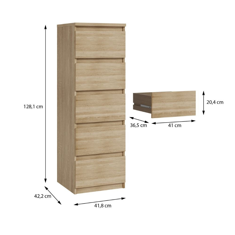 Cassettiera Morgan 5 cassetti 41.8 x 42.2 x H 128 cm. colore rovere