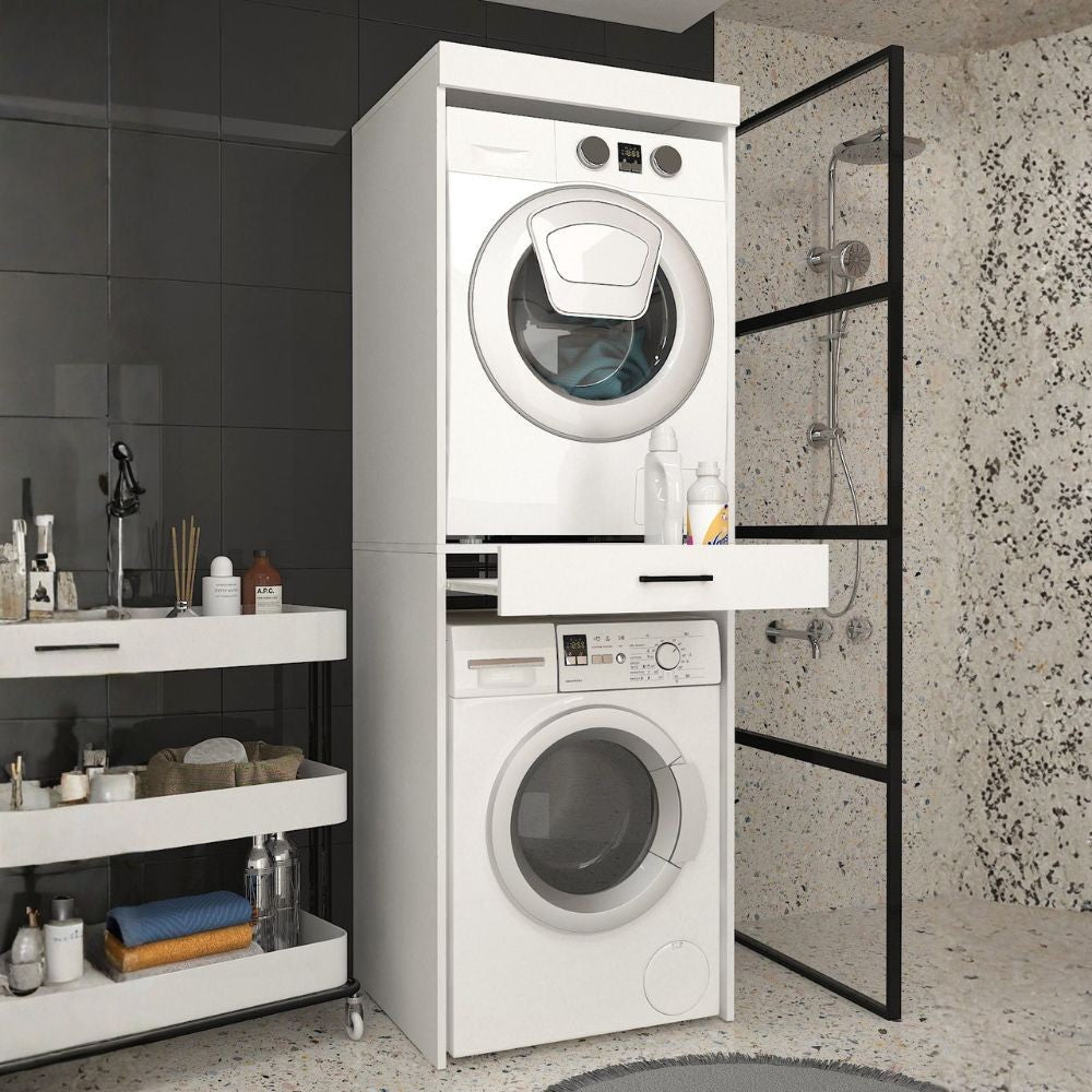 Colonna bucato coprilavatrice e copriasciugatrice Fika con cassetto appoggio colore bianco