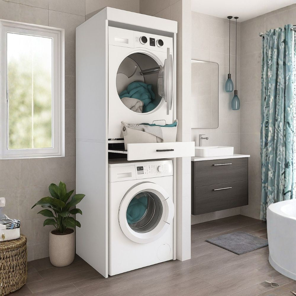 Colonna bucato coprilavatrice e copriasciugatrice Fika con cassetto appoggio colore bianco