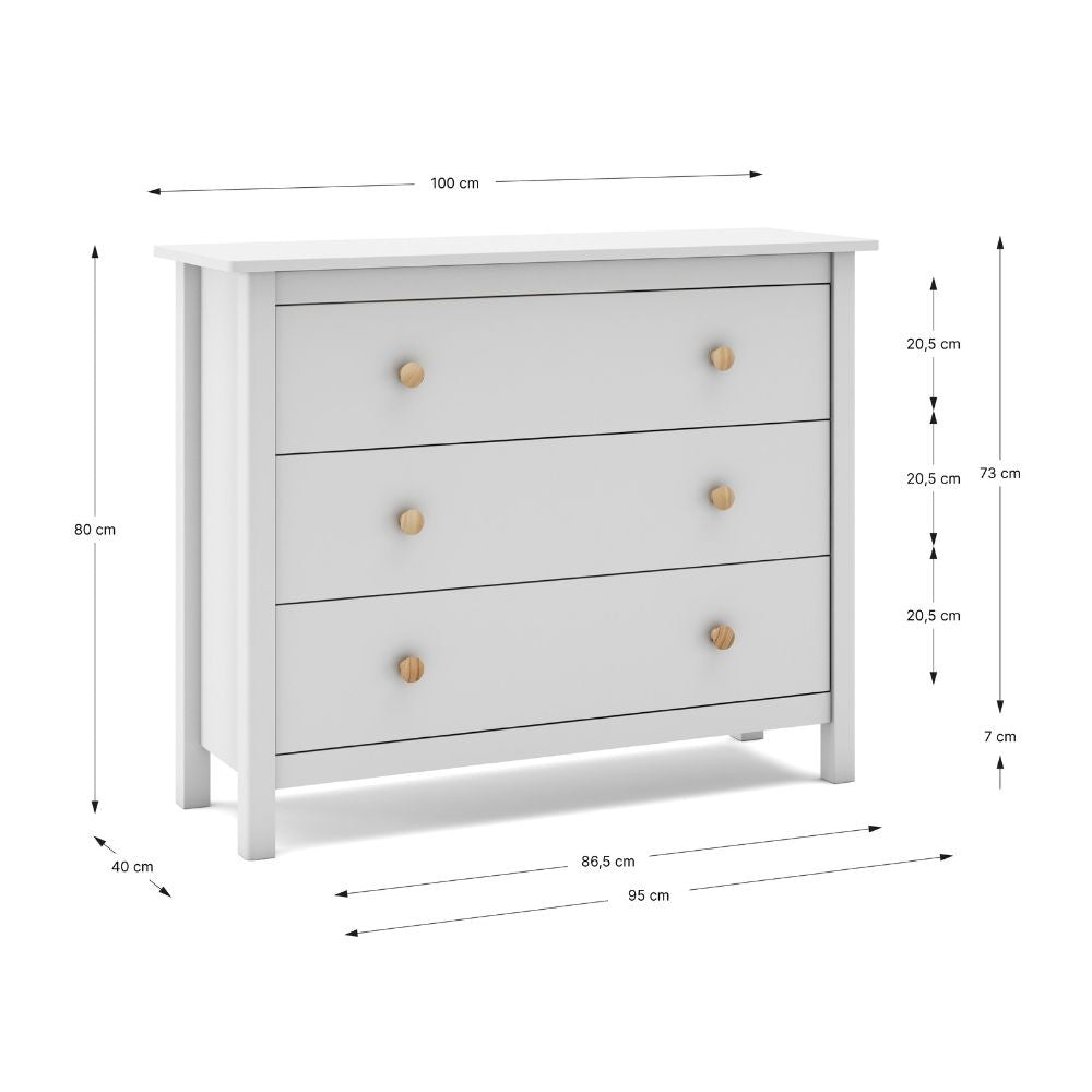 Comò Max 3 cassetti in legno massiccio colore bianco