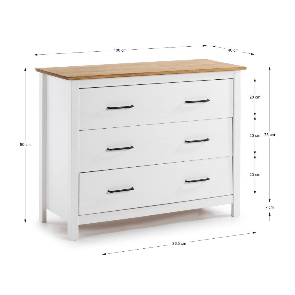 Comò Miranda con 3 cassetti in legno massiccio bianco e top pino