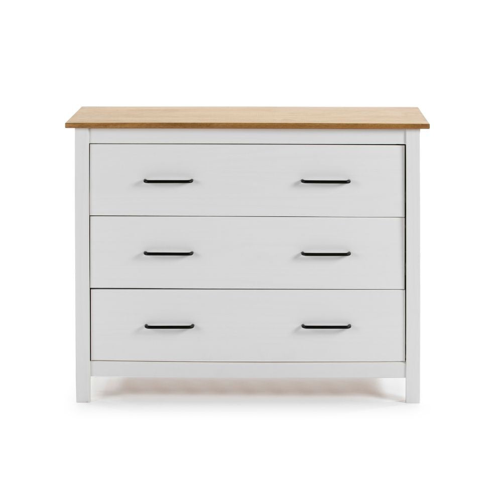 Comò Miranda con 3 cassetti in legno massiccio bianco e top pino