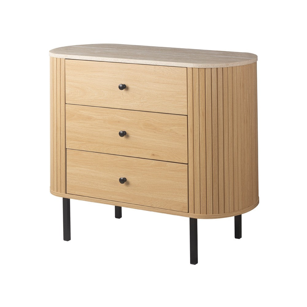 Comodino Fabia 03A 3 cassetti colore rovere e top effetto travertino