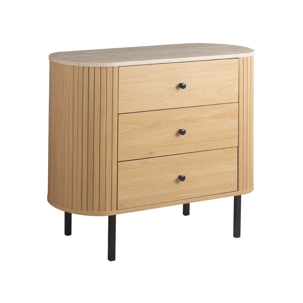 Comodino Fabia 03A 3 cassetti colore rovere e top effetto travertino