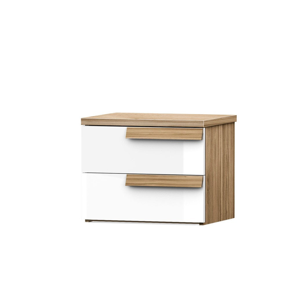 Comodino Melodia 2 cassetti con struttura e maniglie rovere caramello e frontali bianco lucido